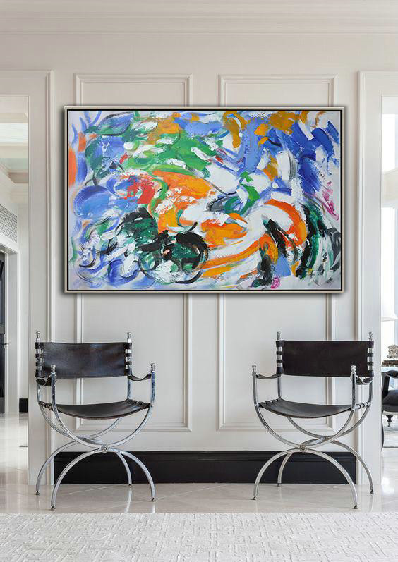 Modern Painting Abstract,Oversized Horizontal Contemporary Art,Hand-Painted Canvas Art,Blue,White,Green,Orange.etc